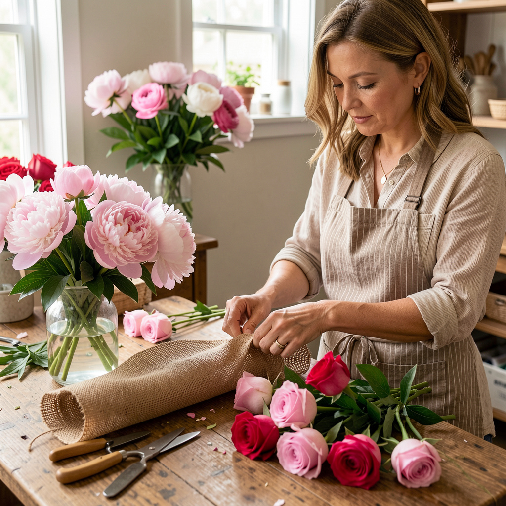 Expert florist Isabella Chen arranging fresh flowers
