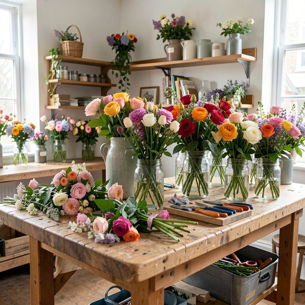Professional florist workspace with fresh flowers